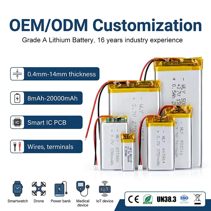 Wholesale Lithium Ion Battery 3.7v 7.4v Recharge Lipo Battery 100mAh 200mAh 300mAh 500mAh 1000mAh 2000mAh Battery for GPS