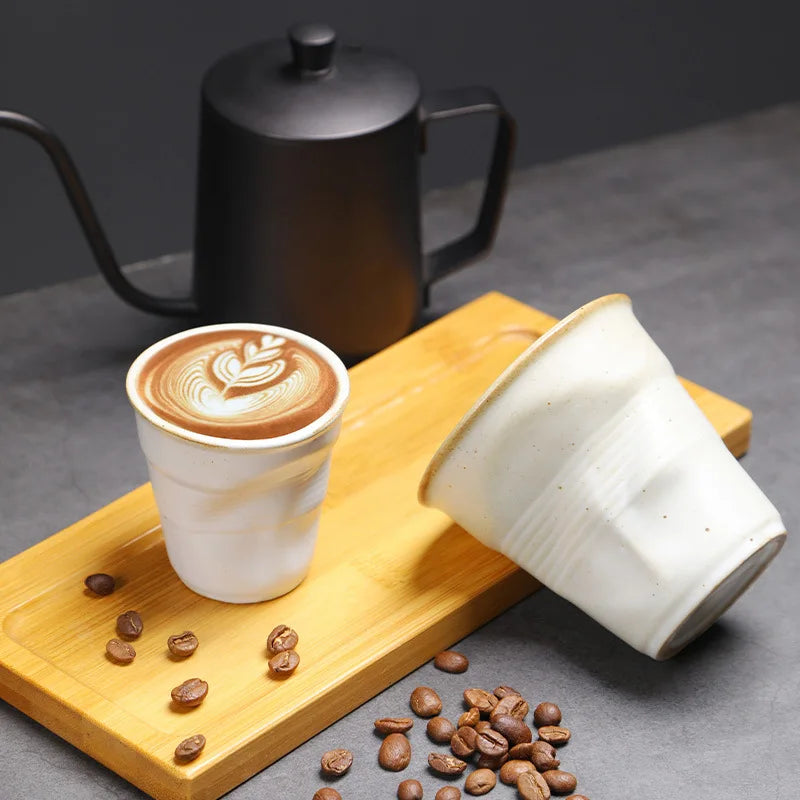 MSH Vintage 90ml Espresso Cup Set Cross Border Creative Coarse Ceramic Hand-Pinched Folded Latte Cup Tea Cup