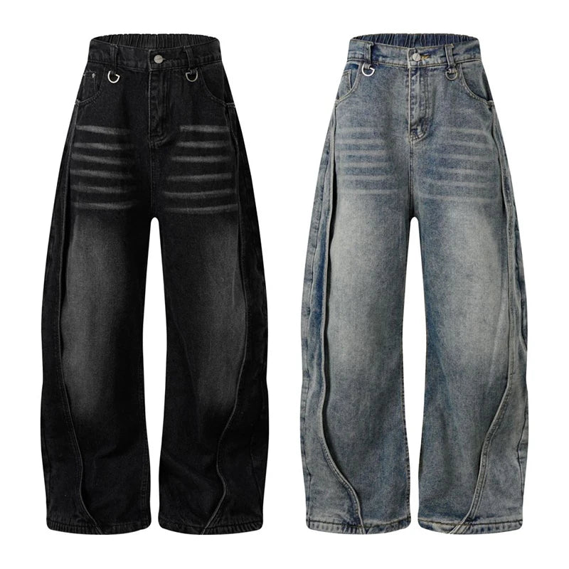 Mens Wide Leg Jeans American Retro Washed Jeans Men Baggy Distressed Patchwork High Street Black Jeans for Men