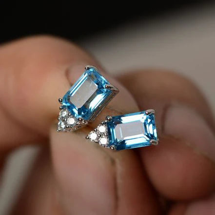 Huitan Bling Bling Beautiful Romantic Radiant Cut Blue Zircon Stud Earrings Girls Lady Trendy Earrings Women