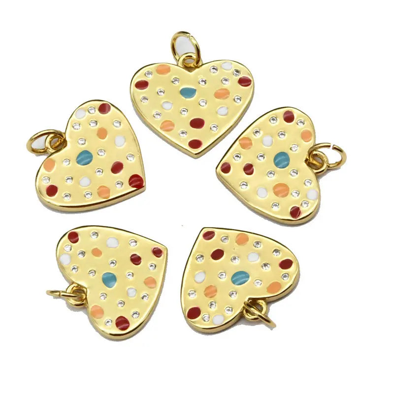 New Design Colorful Point Enamel White Zircon Cubic Stone Setting Gold Color Plating Heart Shape Pendants for Jewelry Making