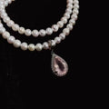 Factory Supply Korean 925 Sterling Silver Natural Rose Quartz Pearls Cubic Zirconia Women Pendant Necklace