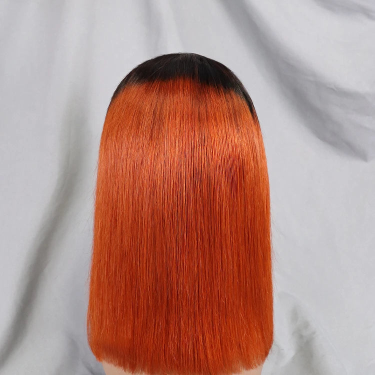 1BT350 Colored 100% Human Hair Straight Bob Wig 200% Density 13x4 Lace Full Frontal Black Roots Bob for Black Women