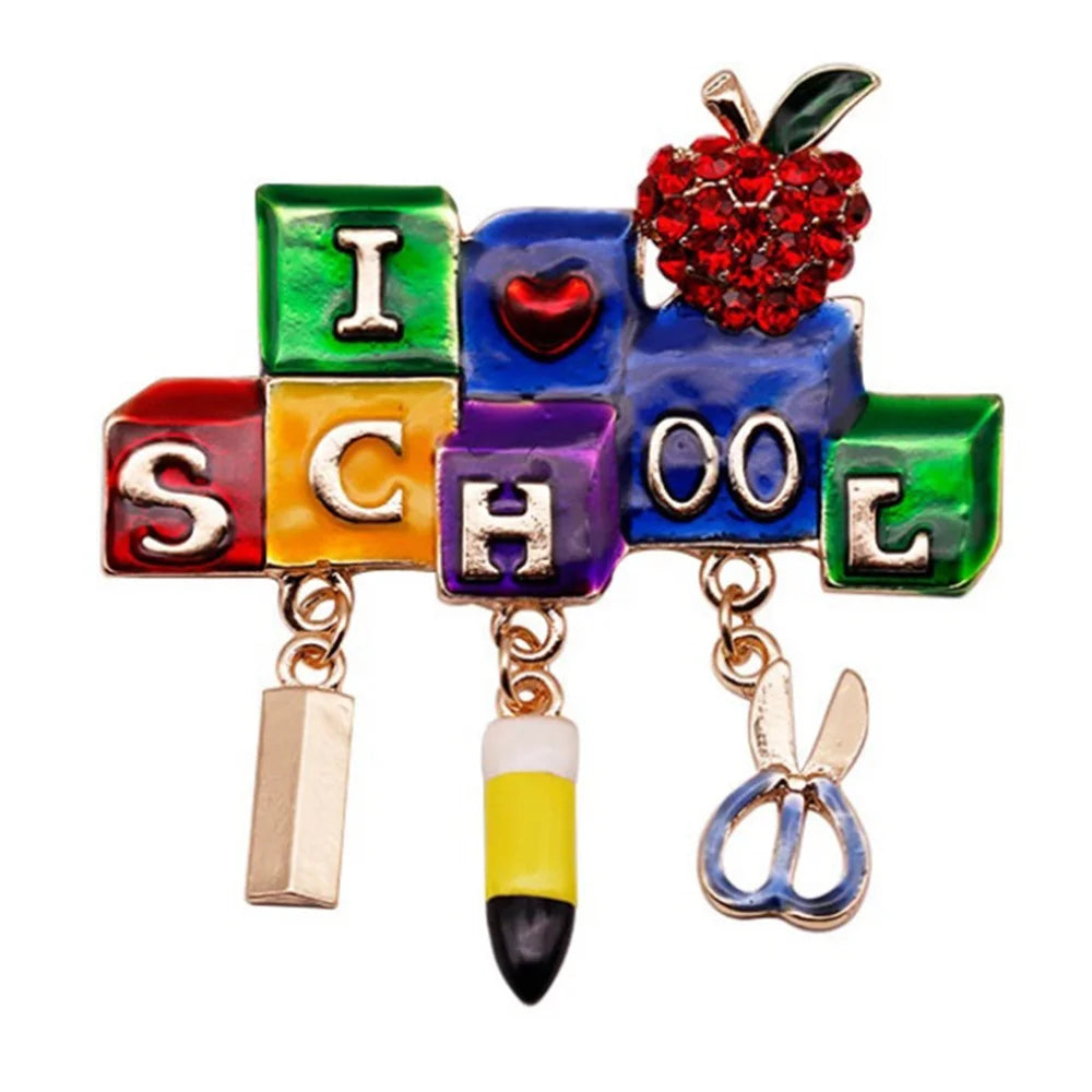 Custom I LOVE SCHOOL Letter Rhinestone Brooch Scissors Pencils Enamel Charm Pin Alloy Accessory for Teachers Parties Weddings