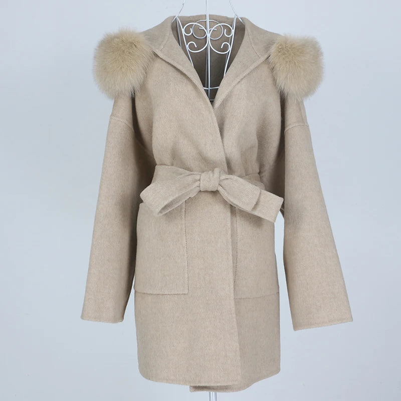 OFTBUY 2024 Women's Winter Jacket Oversize Loose Cashmere Wool Blends with Natural Fox Fur Collar Long Outerwear with Belt