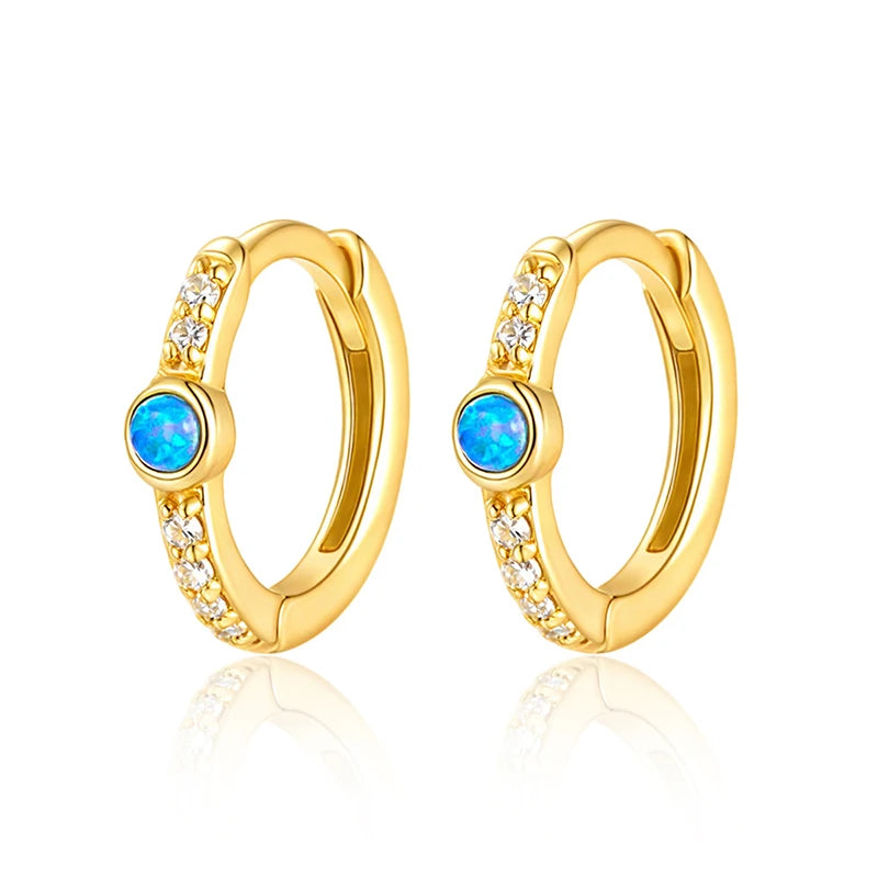 Classic Fashion Gold Plated 925 Sterling Silver Fine Jewelry Ear Buckle Blue Opal Huggies 925 Silver Hoop Earrings