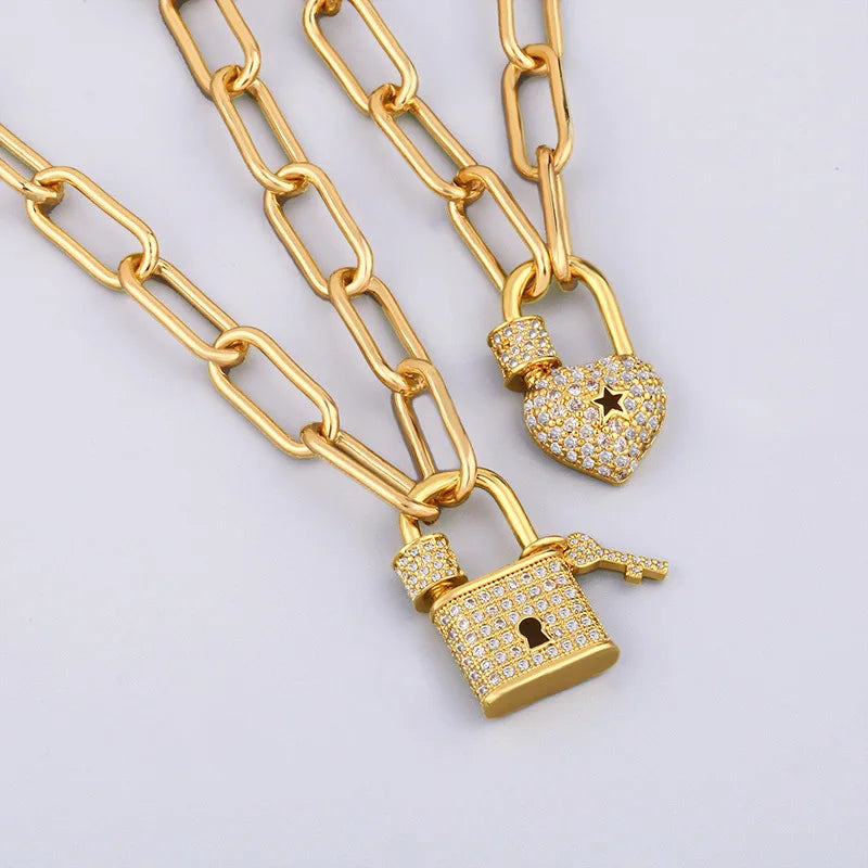 Rhinestone Lock Necklace Pave Zircon Lock and Key Heart Brass Plated 18K Gold Pendant Necklace