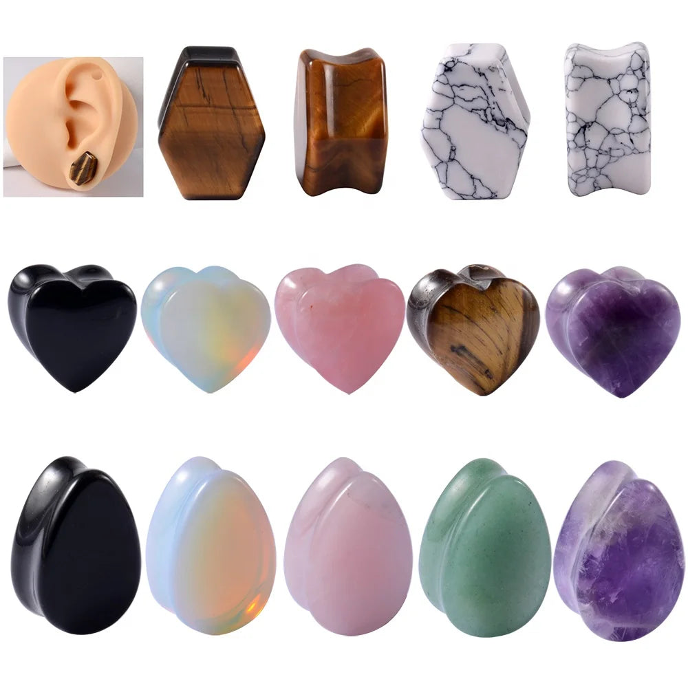 WaterDrop Teardrop Heart Hexagon Shape Amethyst Stone Flesh Tunnel Ear Expander Stretcher Body Piercing Jewelry for Wedding