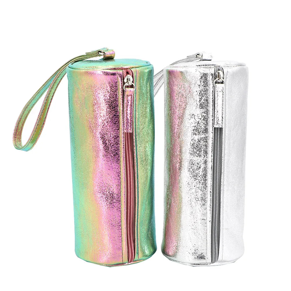 Holographic PU Makeup Brush Bag Vegan Leather Cosmetic Brush Zipper Pouch with Logo Custom Portable Cosmetic Bag for Girls