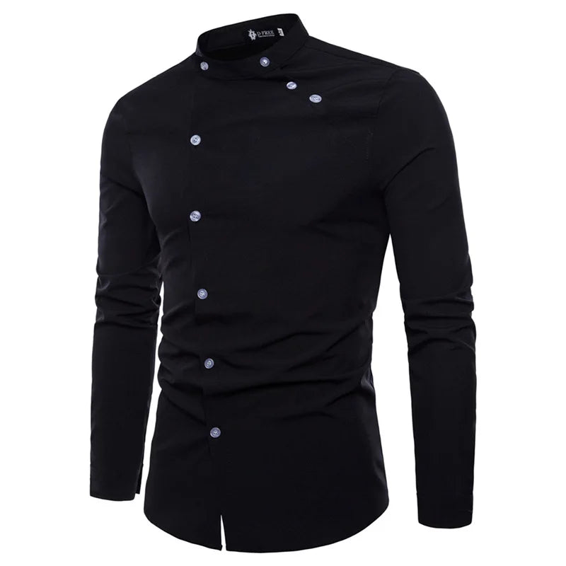 RNSHANGER European Single Breasted Long Sleeve Dress Shirt for Men New Mandarin Collar Solid Color Button Casual Shirts