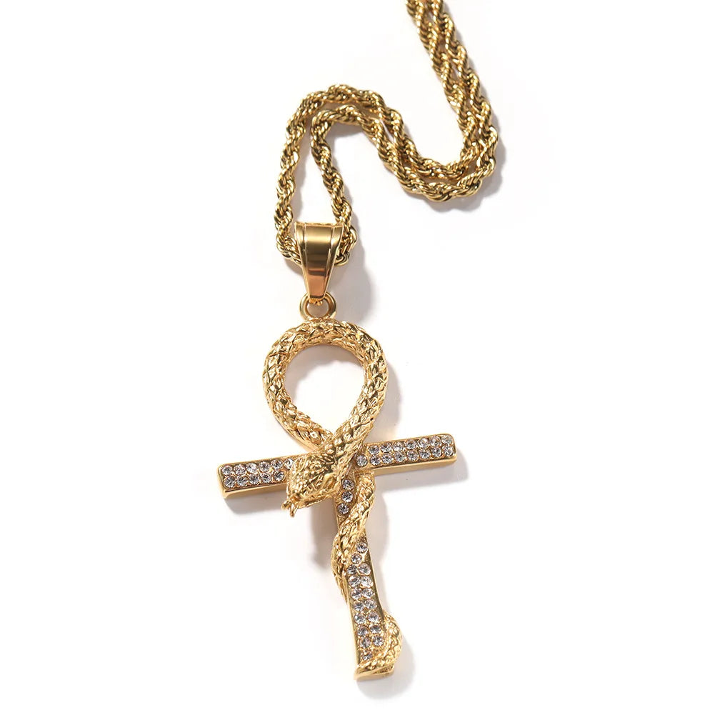 Punk Style Stainless Steel Cross Pendant with CZ Diamond Ankh Retro Snake Pendant for Hip Hop Necklace PVD Plated Chains Gift