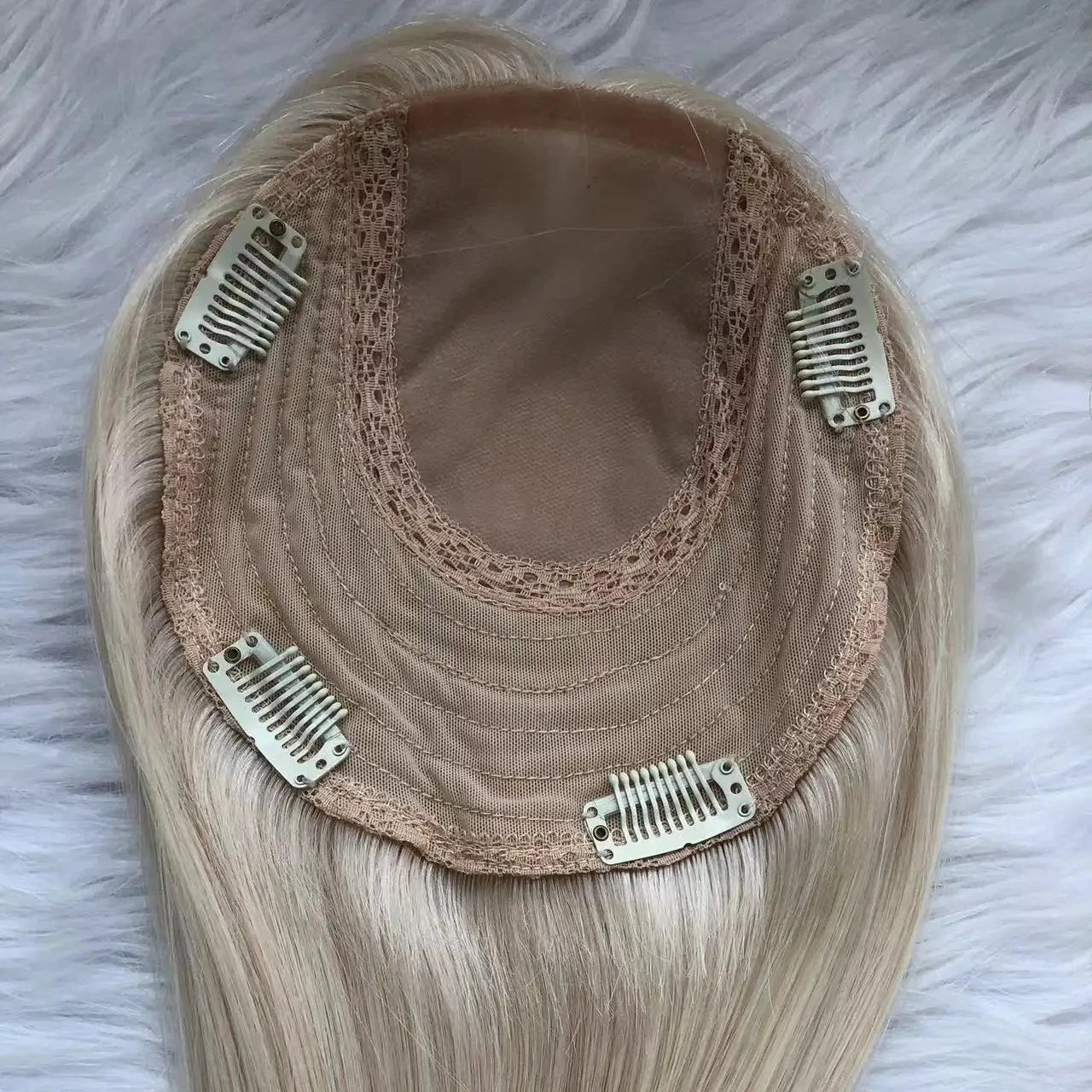 Full Cuticle Virgin Alighed Human Hair Topper Platinum 6x6.5" Silk Toppers with Weft for White Women Hair Piece Ready to Ship