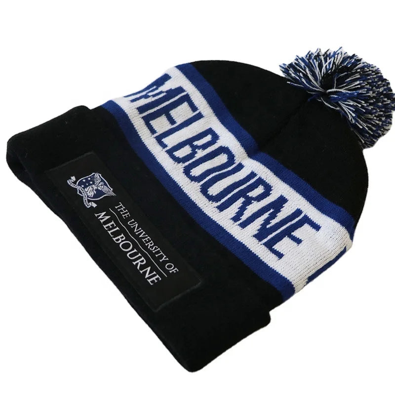 Manufacture Fashion Sports Adult Jacquard Beanie Embroidery Toque Sport Pom Pom Knitted Custom logo Winter Beanie Hat With Tag