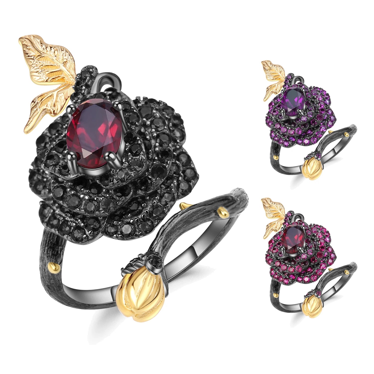 C7630 Abiding Jewelry the New Listing Botanical Natural Gemstone Couple Sterling Handmade Adjustable Silver Ring