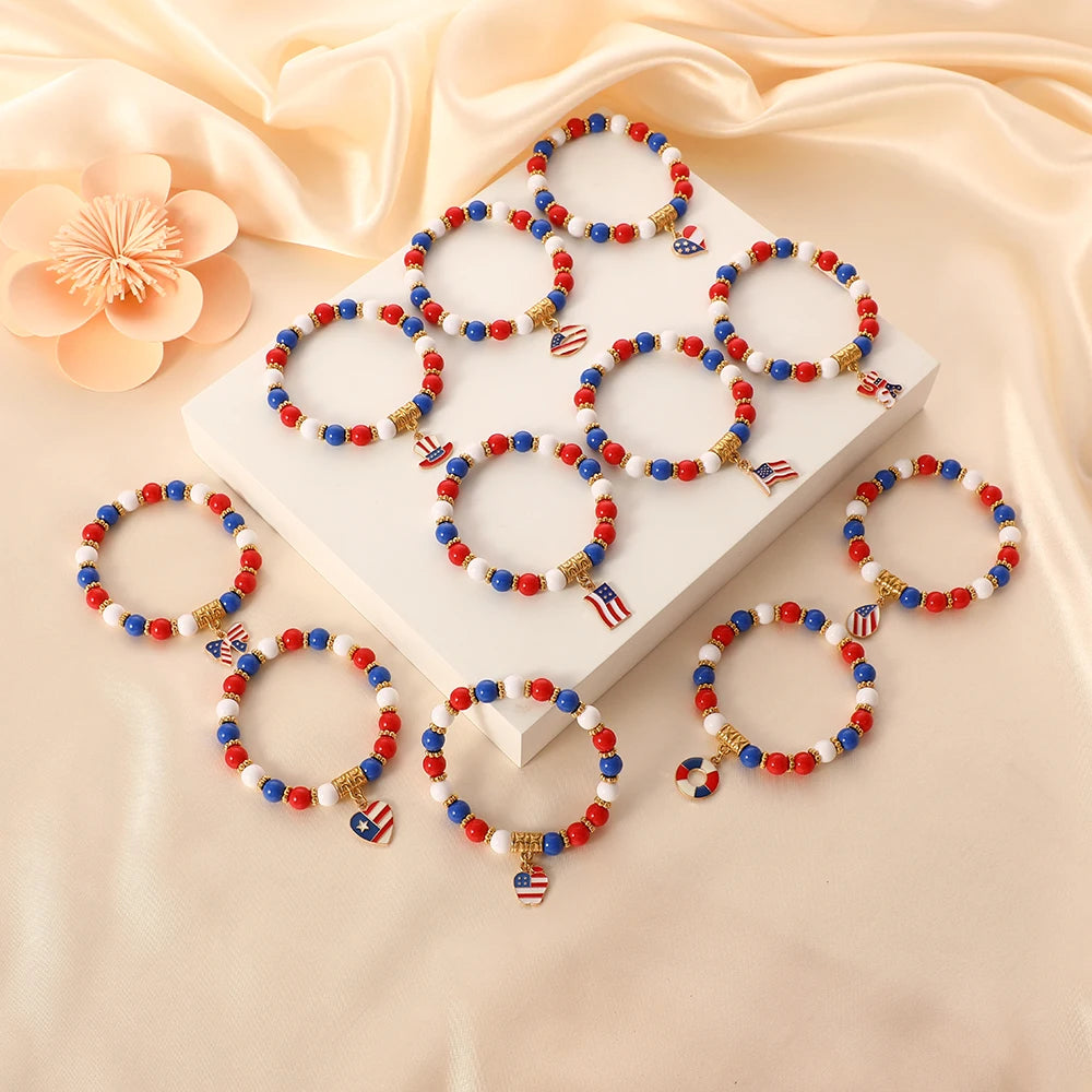 American Flag Bracelets Red White Blue Beaded Bracelets Patriotic Independence Day Jewelry Gift USA Flag 4th of July Bracelets