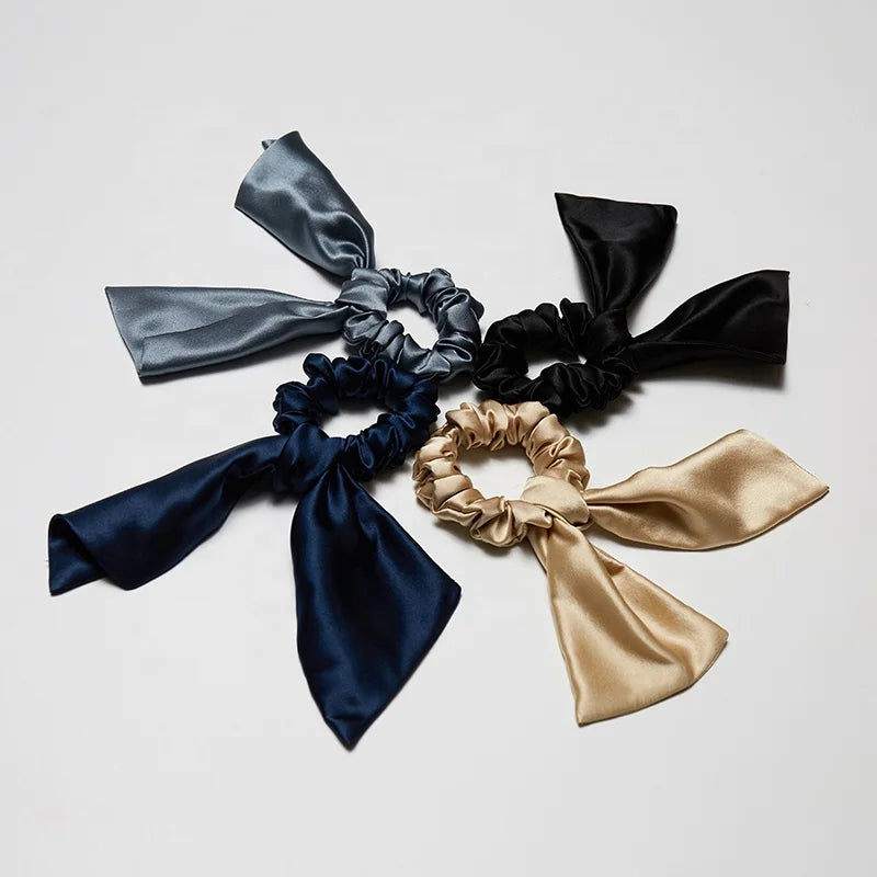Rabbit Bunny Ear Bow Bowknot Bobbles 16momme Pure Mulberry Silk Scrunchie Scarves Hair Tie with Ribbon European & American Style