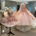 Sweet 15 Party Pageant Lace Crystal Beads Tulle Scoop Neck Corset Princess Ball Gown Pink Quinceanera Dresses MQ668