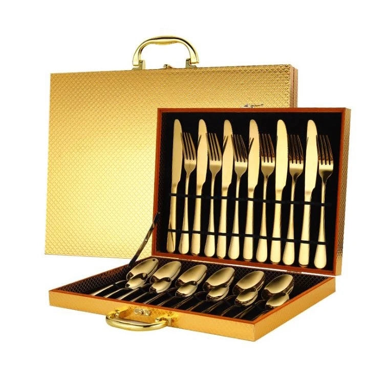 Luxury 24 Piece Cutlery Sets Gold Silver Stainless Steel Flatware Silverware Set with Wooden Box