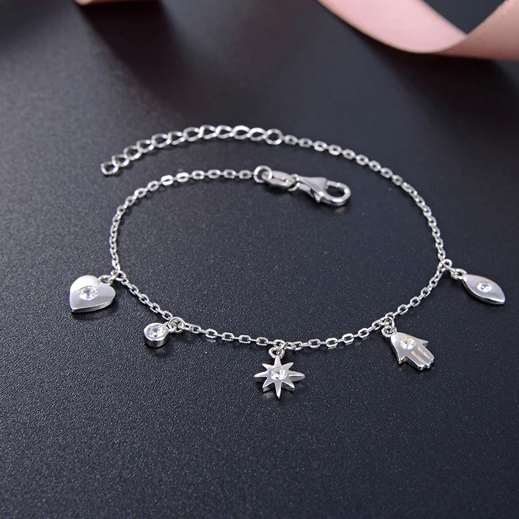 Star Jewelry Heart Sterling Silver 925 Rhodium Plated Adjustable Charm Bracelet for Women Made with 18k Gold and Rose Gold