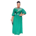African Women Elegant Solid Color Bubble Sleeve Diamond Dress Long Half Sleeve Maxi Dress for Femme K0304