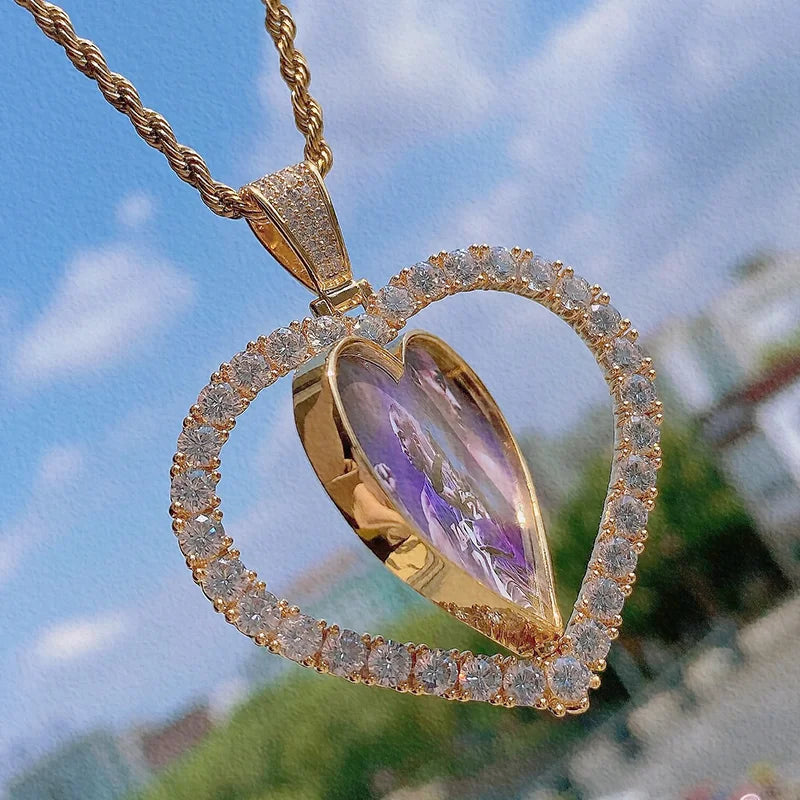 Custom Modern Alloy Diamond Double-Side Rotating Twisted Chain Sublimation Heart Memory Photo Necklace for Wedding Birthday Back