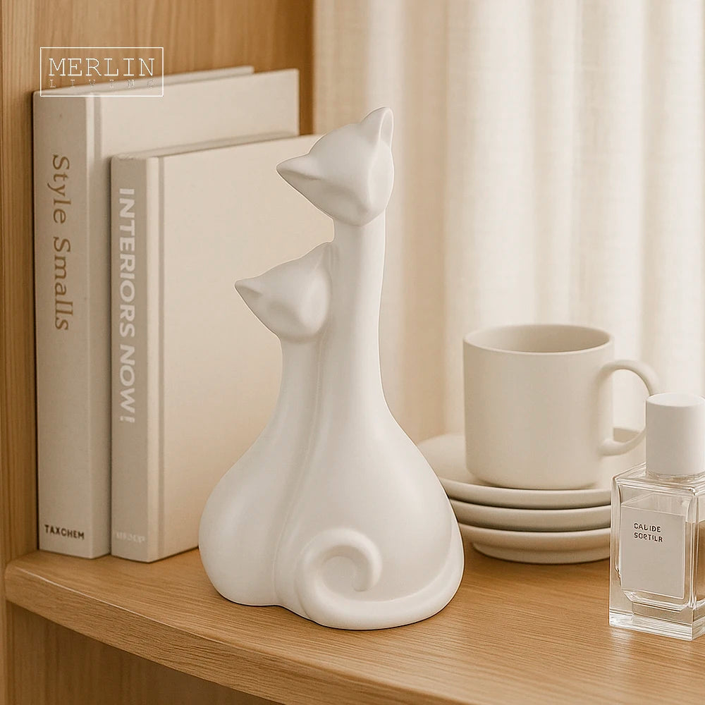 Merlin Living Ceramic Statue Animal Figurine Sculpture Modern Nordic Accessories Scandinavian White Cat Ornament for Home Decor MegaBDM