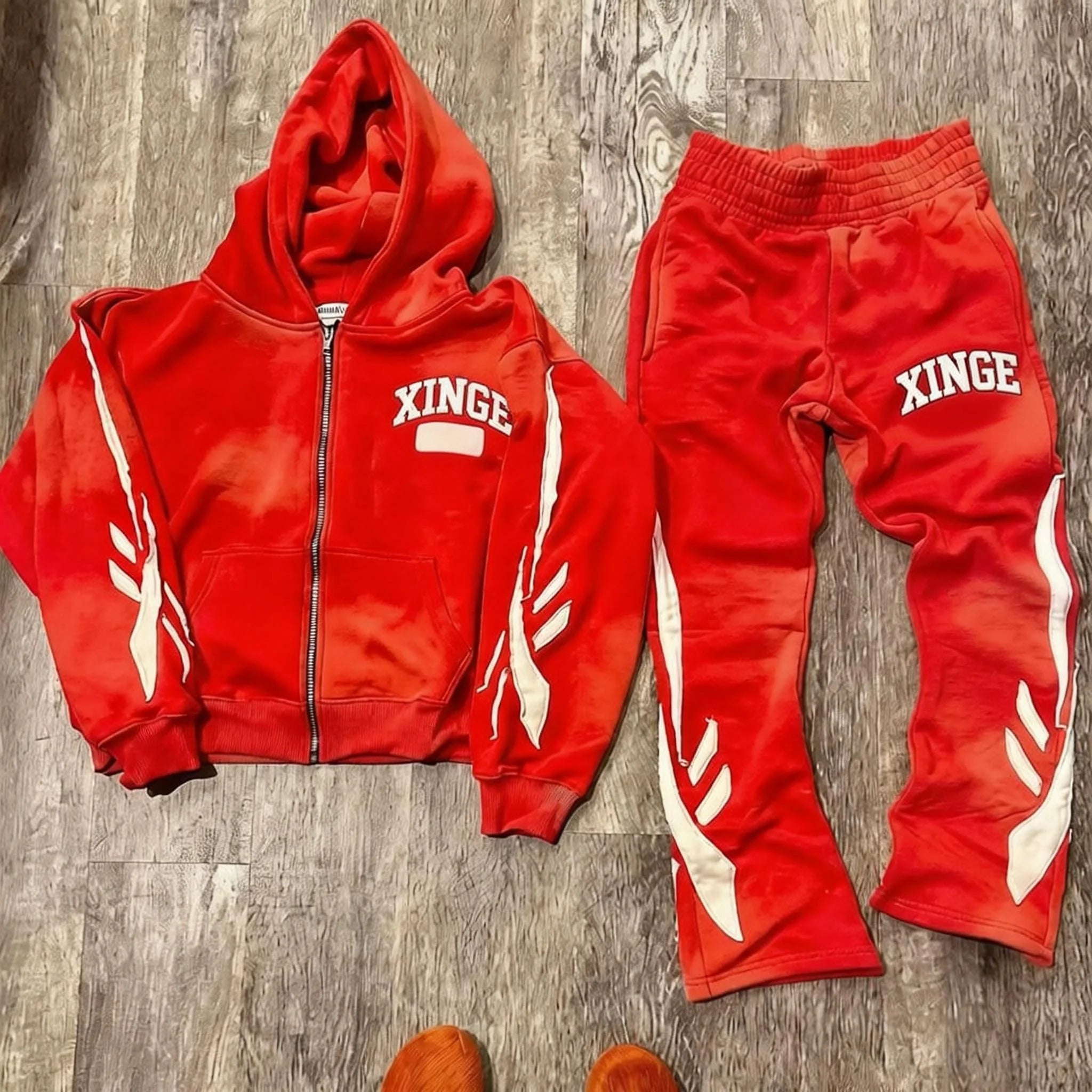 Custom Acid Wash Tracksuit Cotton Jogging Suit Embroidery Sweat Suit Flared Sweatpants and Hoodies Set Distressed Sweatsuits Men