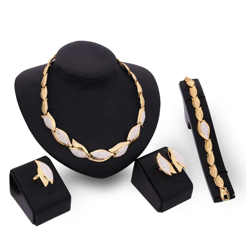 X4133 Hot Selling Fashion Gold Silver Leaves Jewelry Set Gold Leaf Necklace Earrings Bracelet Rings Set Women Gold Jewelry Set