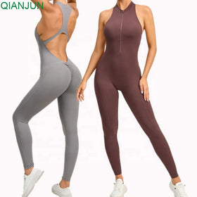 Custom Logo One Piece Zipper Yoga Women Jumpsuit Sports Gym Fitness Wear Women Sexy Jumpsuit