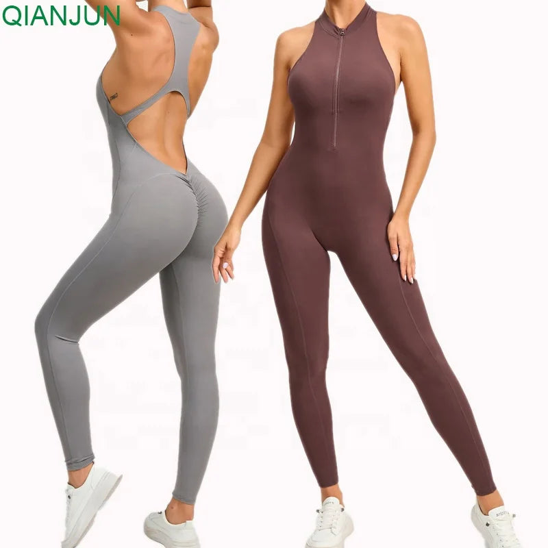 Custom Logo One Piece Zipper Yoga Women Jumpsuit Sports Gym Fitness Wear Women Sexy Jumpsuit