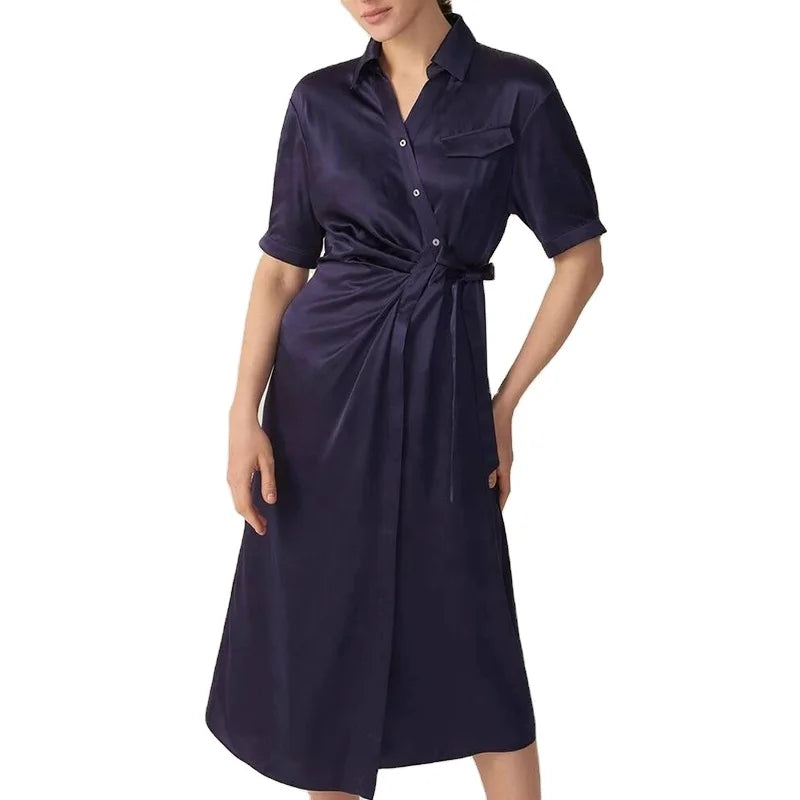 MANNI Premium Silk Shirt Dress Navy Blue Button Knot Womens Summer Dresses Elegant Dress