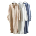 New Cotton Linen Solid Color Tops Women's Long Sleeve Loose Shirt Dresses