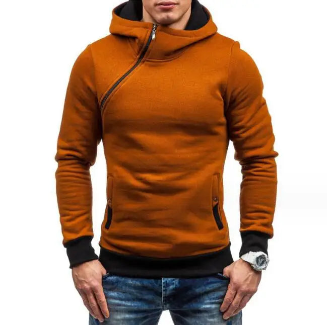 New Men's Diagonal Zipper Hoodie Fashion Color Match Leisure Slim Hooded Pullover Hoodies