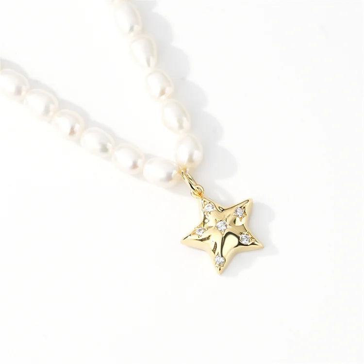 Wholesale Freshwater Pearl Chain Cz Zircon Star Pendant Necklace Women
