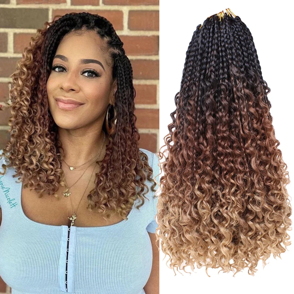 For Ombre Brown Crochet Box Braids with Curly Ends Synthetic Hair Extension High Temperature Fiber Messy Box Braids