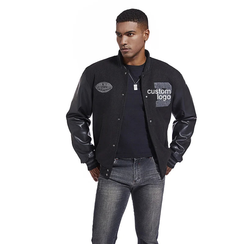 Custom Logo Double Sleeve Black Leather Baseball Plus Size Men Varsity Jacket