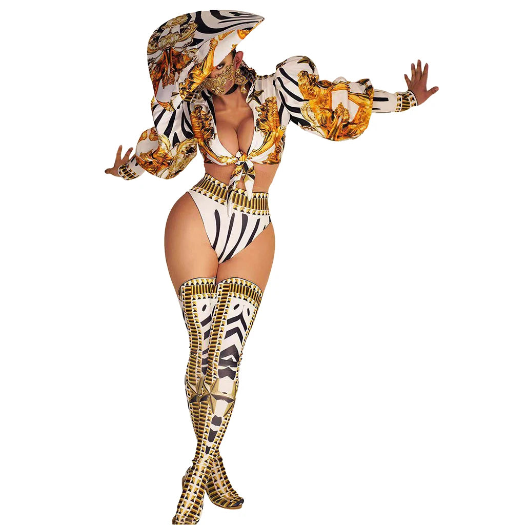 Vintage Stage Costume Print Deep V Top + Shorts + Hats Outfit Sets Women Nightclub Showgirl Jazz Dance Wear Performance Clothes