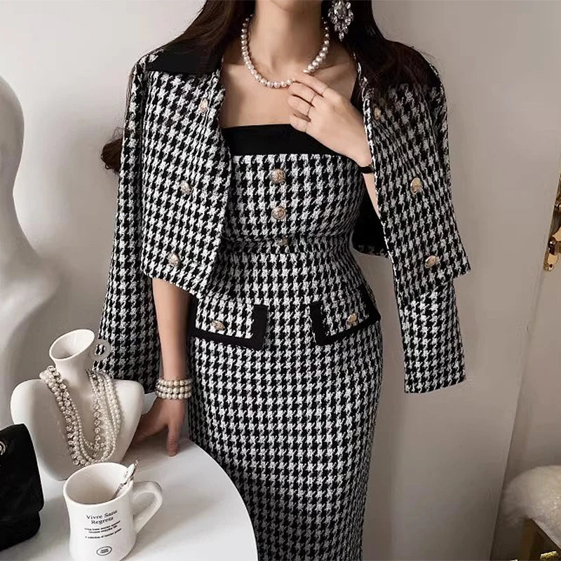Wholesale 2026 Autumn Retro Small Fragrant Short Coat Thousand Bird Checker Slim Fit Strap Dress Women's Set