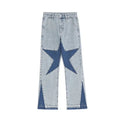 Wholesale Custom Large Pentagram Men's Jeans Light Blue Raw Star Panel Flare Leg Denim Pants Loose Stack Biggy Jeans