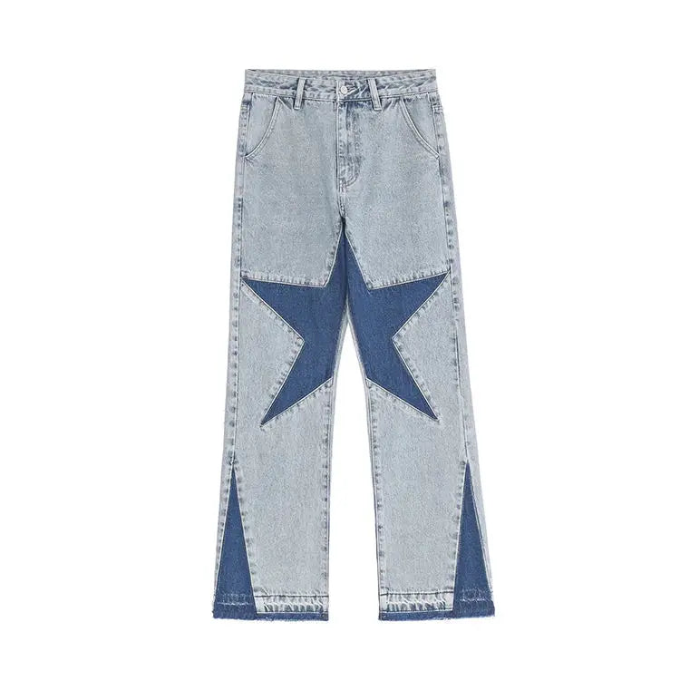 Wholesale Custom Large Pentagram Men's Jeans Light Blue Raw Star Panel Flare Leg Denim Pants Loose Stack Biggy Jeans