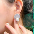 Trendy Silver Color Pearl Inlaid Sea Shell Stud Earrings Lady Cubic Zircon Fashion Jewelry Daily Wear Costume Summer Accessories