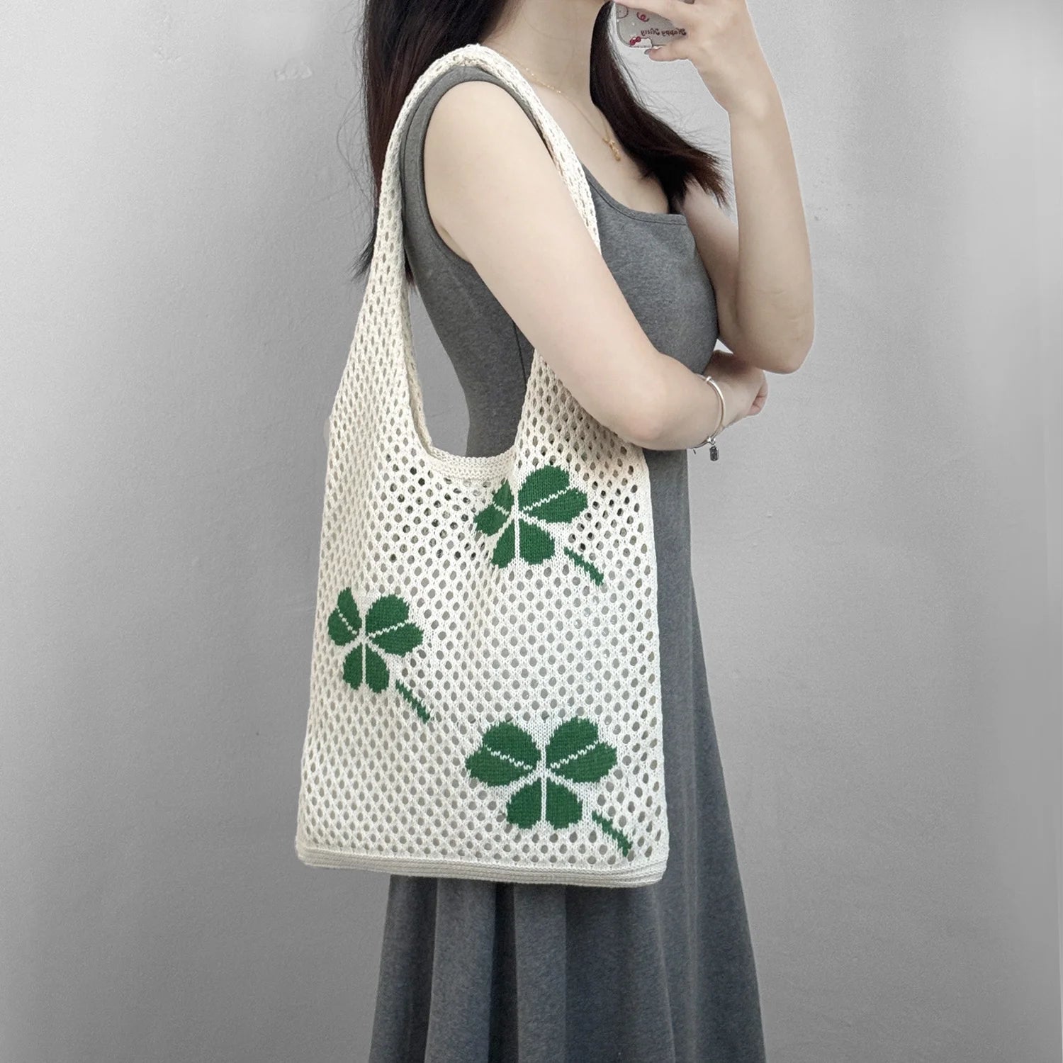 Chic Bohemian Vintage Summer Beach Bag Women Lucky Clover Patterns Single-Shoulder Tote Two Knitted Crochet Hollowed Mesh Open