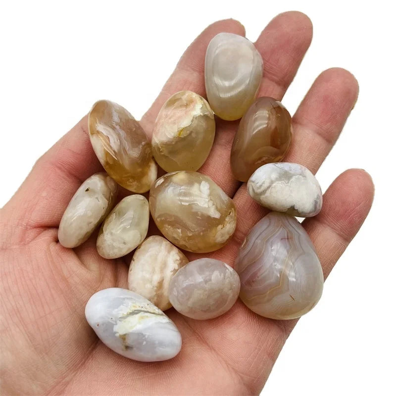 Natural Cherry Blossom Agate Flower Crystal Palm Tumbled Polished Stone
