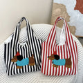 Cute Dog Embroidery Women's Shoulder Vest Bag Large Capacity Female Commute Shopping Bags Simple Striped Ladies Tote Handbags