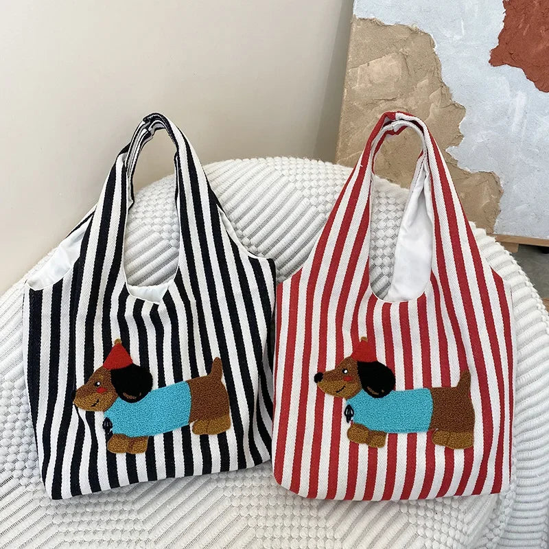 Cute Dog Embroidery Women's Shoulder Vest Bag Large Capacity Female Commute Shopping Bags Simple Striped Ladies Tote Handbags