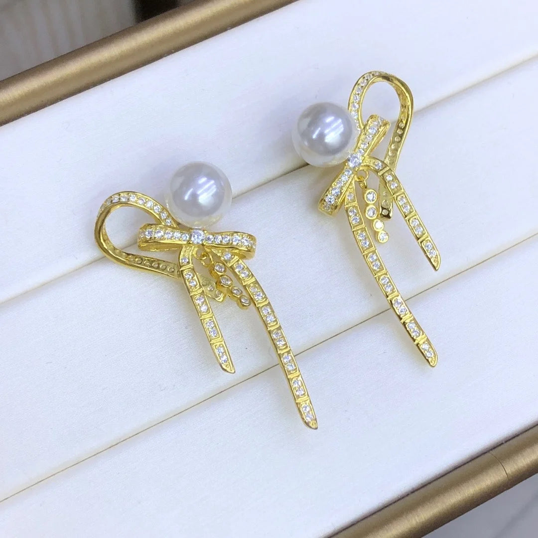 E2167 8-9mm DIY Natural Freshwater Pearl Charm Earrings Mounting Accessory 925 Sterling Silver Gold Plated  Jewelry for Women