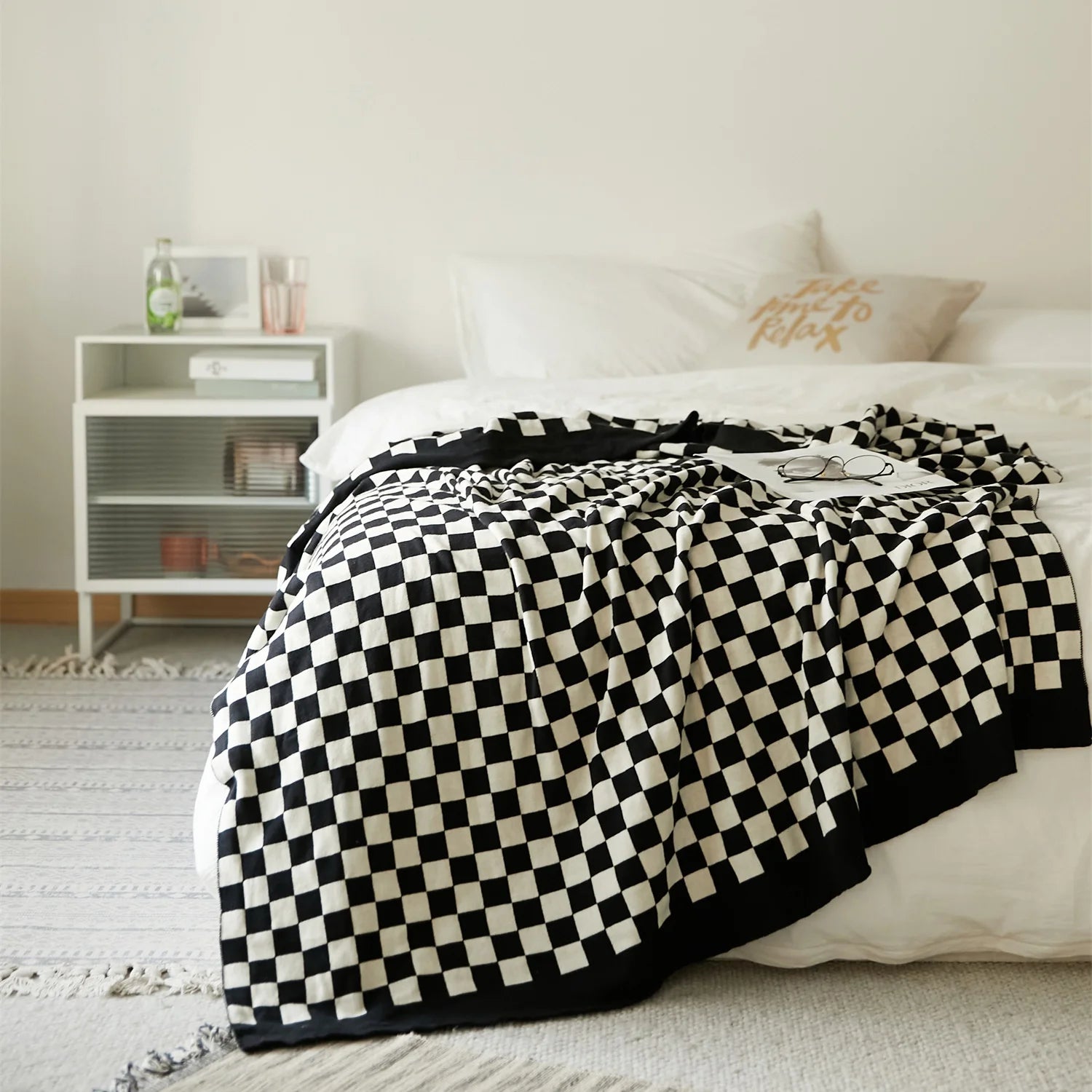 MLG 2023 New Product Popular Checkerboard 100% Cotton Super Soft Throw Knitted Checker Blanket