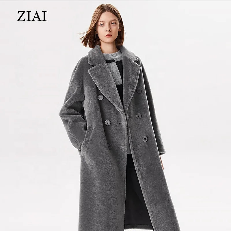 Women Shearing Fur Winter Coat Oversize Winter Outwear Wool Overcoat Real Shearling Jacket
