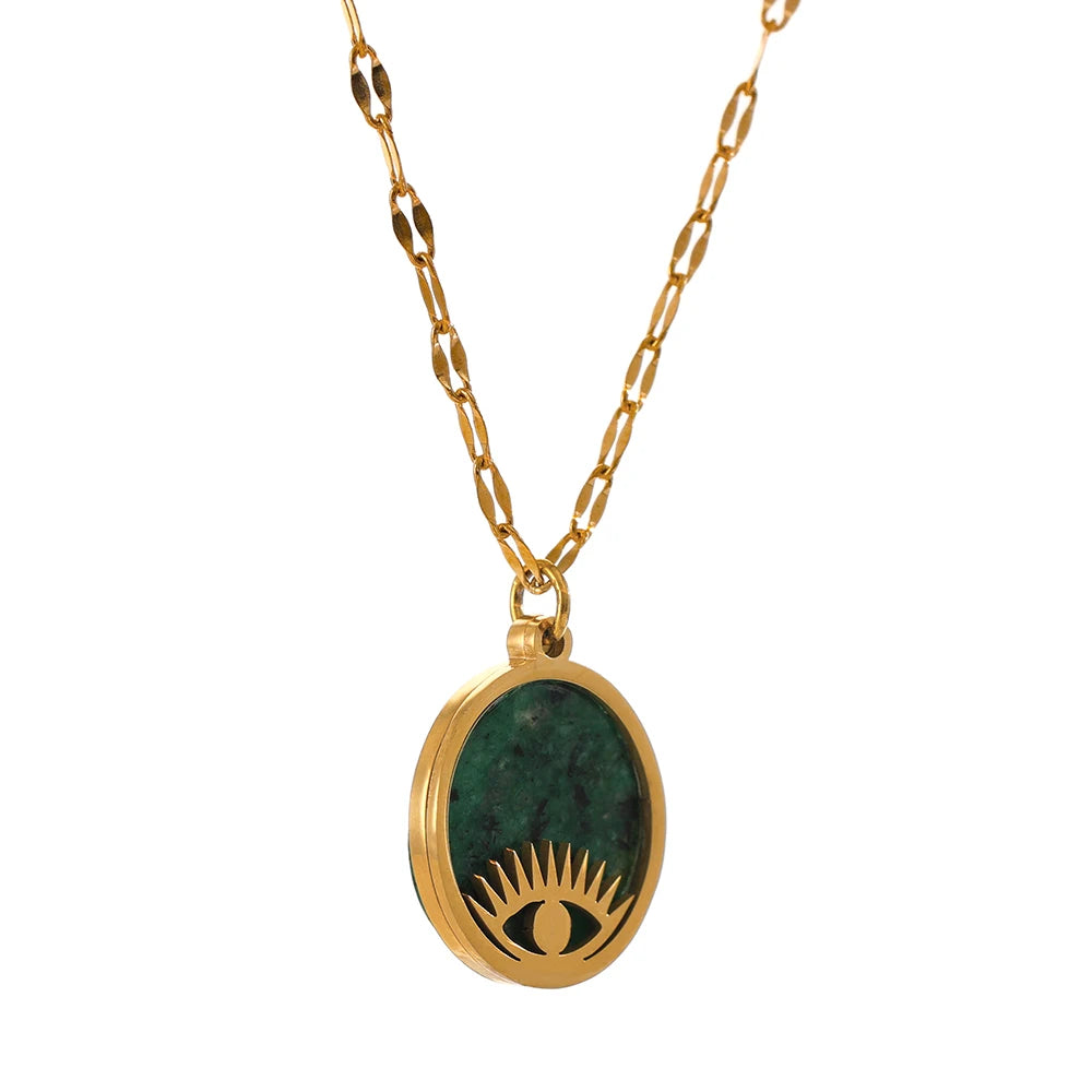 JINYOU 2083 New Designer Green Natural Stone Necklace Stainless Steel Evil&Eye Necklace for Women