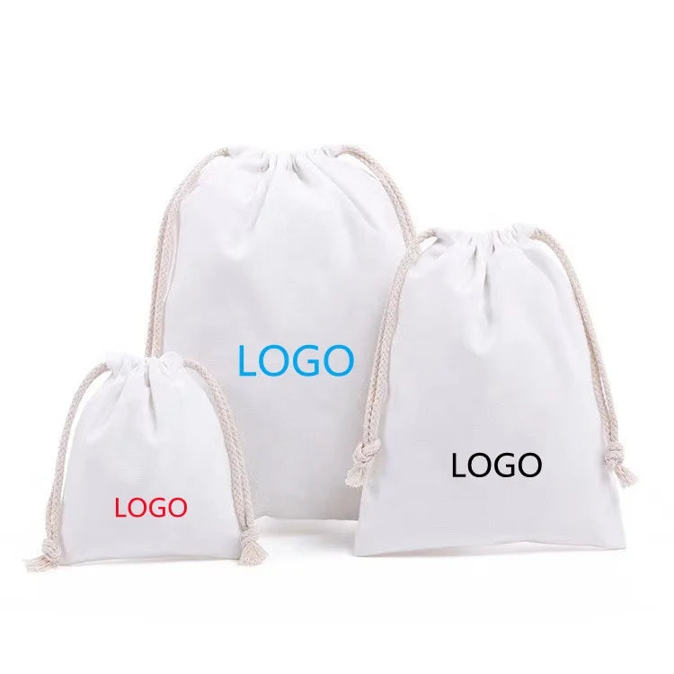 Blank Plain Natural White Eco-friendly Christmas Dust Bags Small Organic Cotton Canvas Pouch Drawstring Custom Size Custom